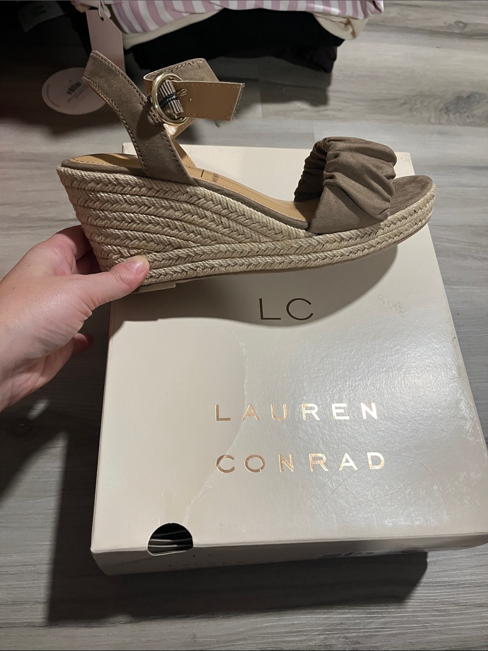 LC Lauren Conrad Taupe Wedge Espadrille Sandals with Ruched Front